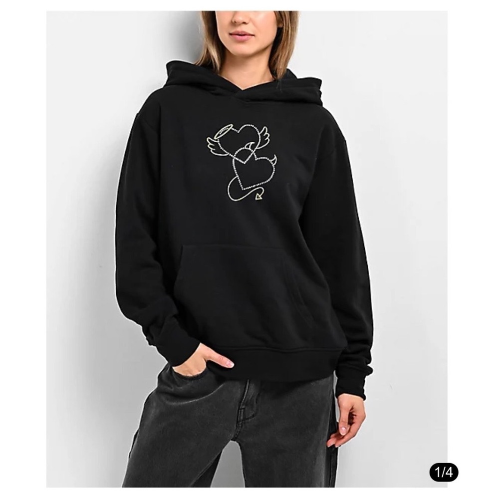 A-Lab Tomo Rhinestone Heart Hoodie S Black Y2K Emo McBling Angel Devil Emo Goth